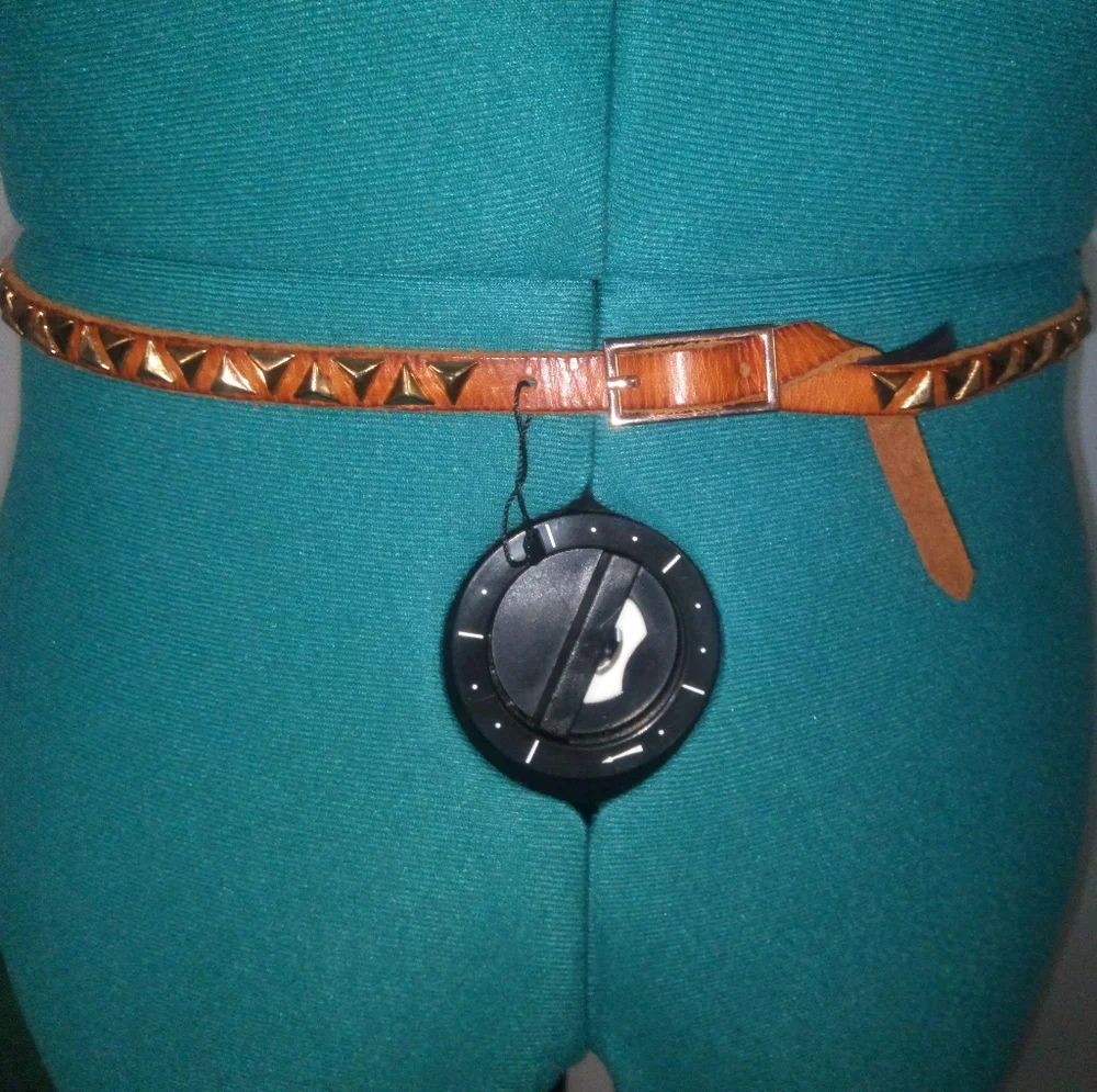Mango Pyramid Studded Vegan Leather Belt Sz M in Saddle Brown NWOT